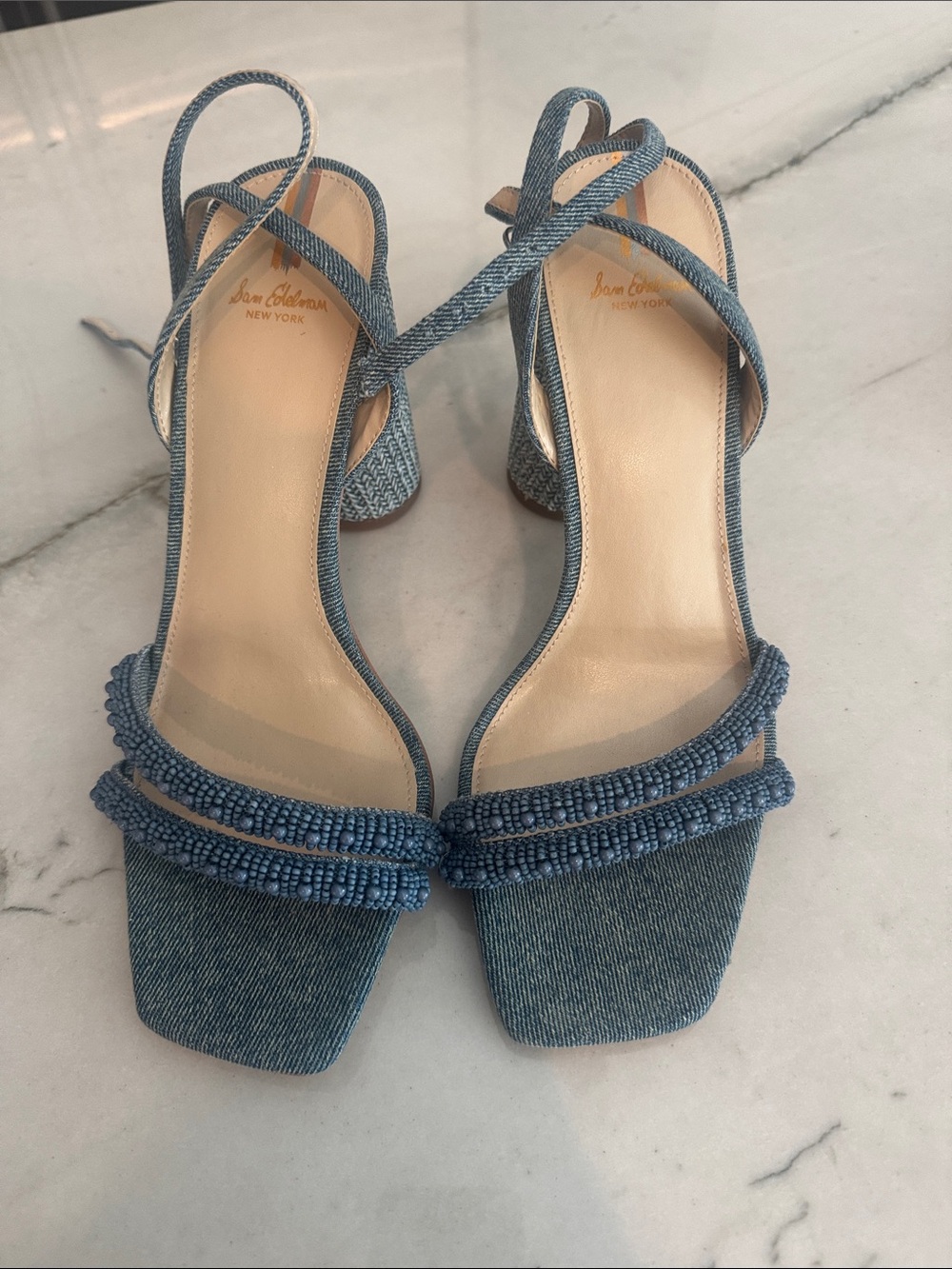 Sam Edelman Denim Blue Beaded Strappy Heels